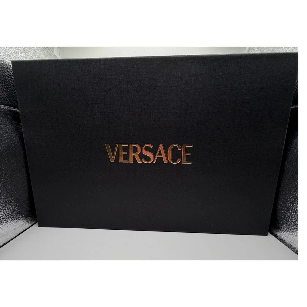 Versace Mens Greca Cross Strap Slides Black Gold Metallic Sandals Size 43 Spain